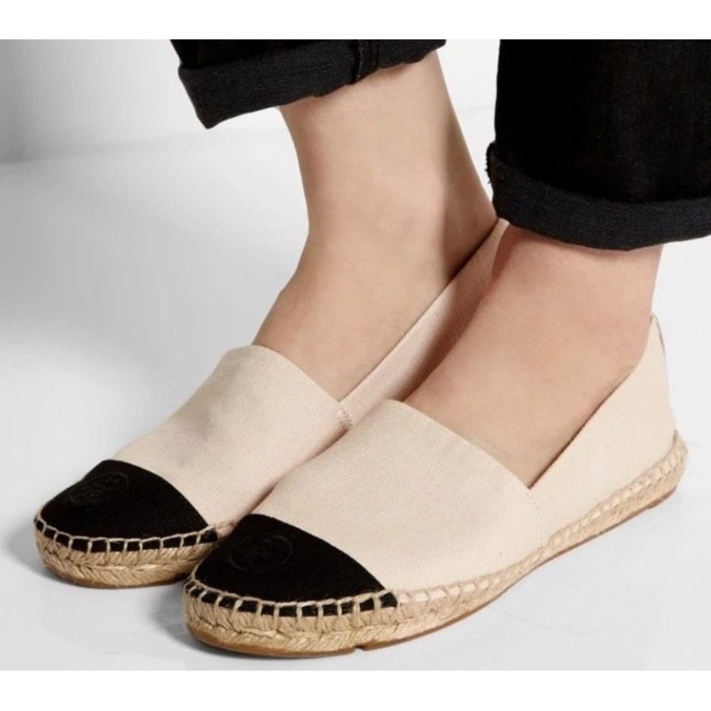 Tory Burch Cream Canvas Espadrilles with Black Cap Toe